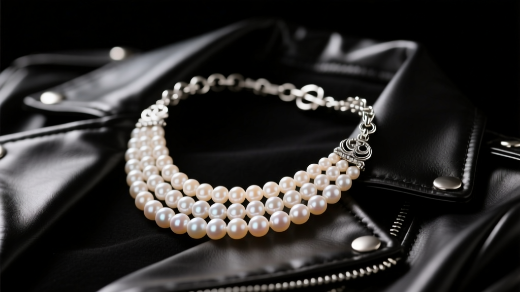 Close-up of a layered freshwater pearl necklace with silver hardware resting on a black leather jacket under moody stage lighting.