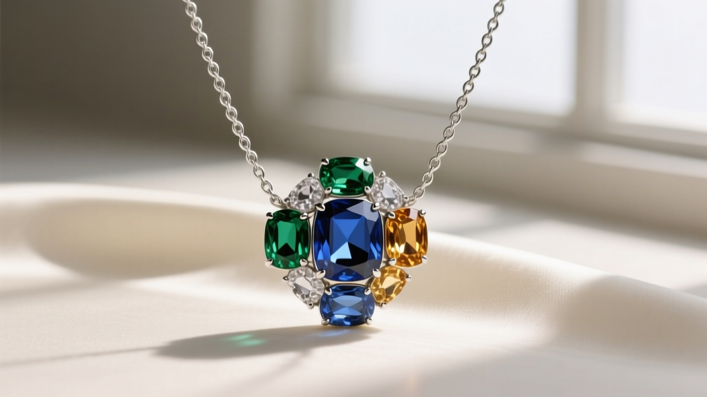 Close-up of a modern JBK fashion necklace pendant featuring bezel-set colored glass stones and delicate silver-tone cable chain