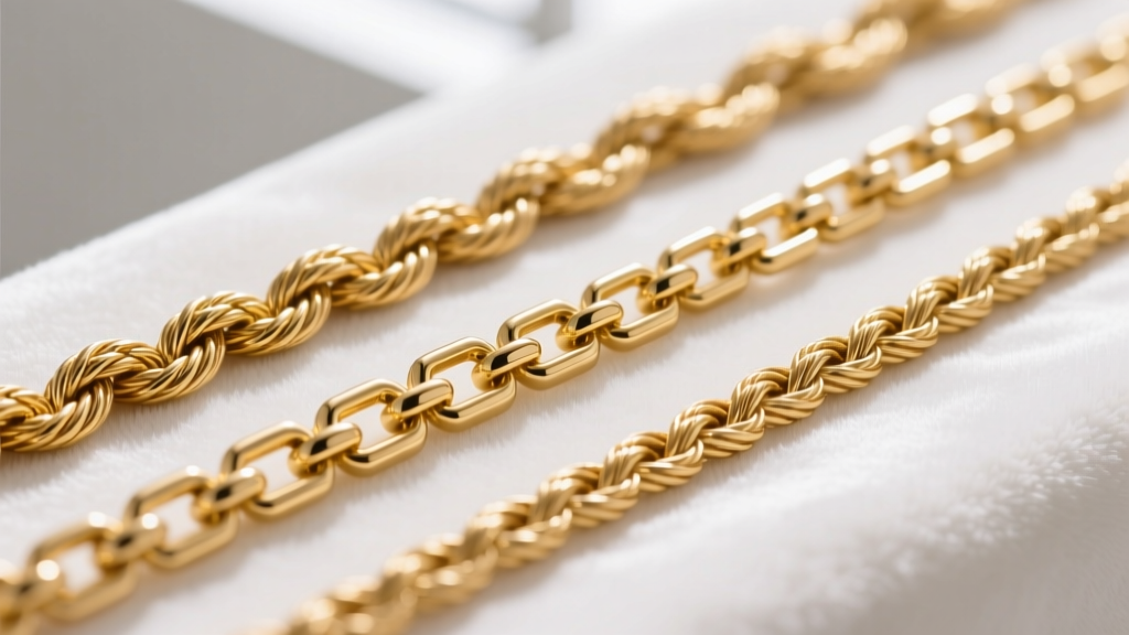 Macro shot of three gold chain weaves: rope, box, and cable, laid side-by-side on a white velvet jeweler's display pad