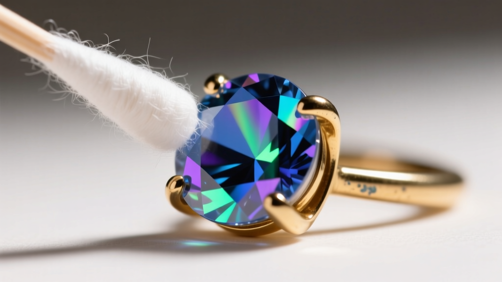 Macro shot of a cotton swab carefully cleaning the edge of a foil-backed aurora borealis glass rhinestone set in a brass prong