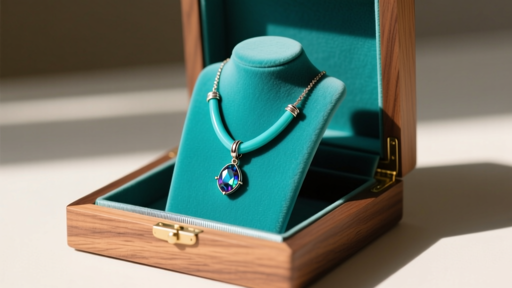 A turquoise lariat necklace hanging neatly on a velvet-lined jewelry stand inside a cedar wood box with an anti-tarnish strip.