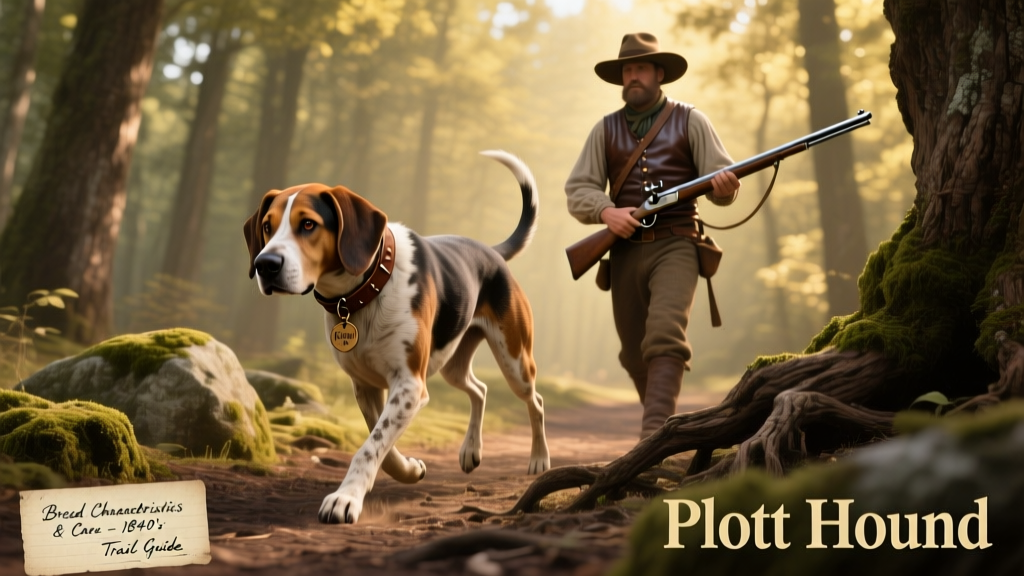 Historic-style illustration showing a Plott hound on the trail with a hunter in early American wilderness, emphasizing the breed's working heritage