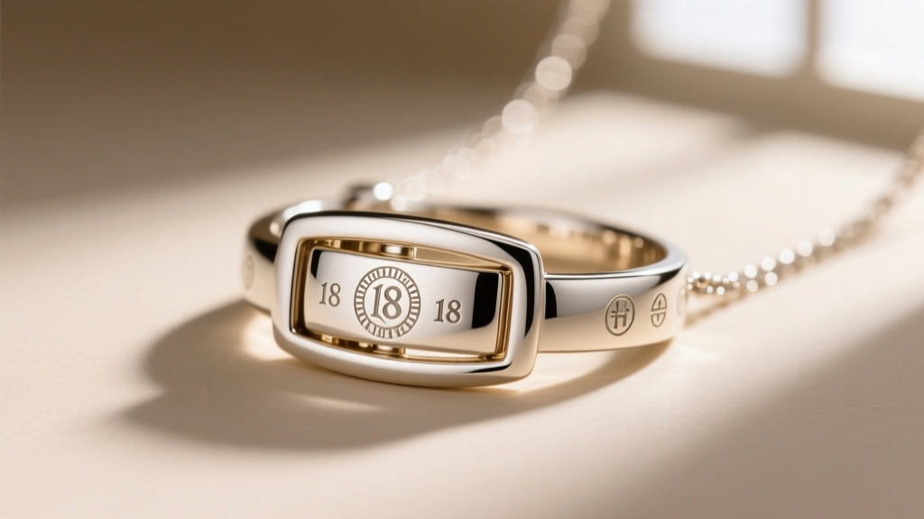 Macro shot of an 18k white gold necklace clasp showing laser-engraved hallmarks, a maker's mark, and a GIA report number on a tag