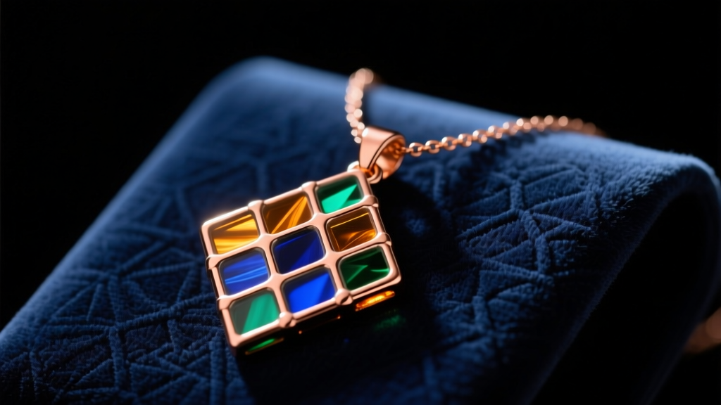 Vibrant copper-foiled stained glass pendant necklace resting on dark velvet, illuminated by soft directional studio lighting.
