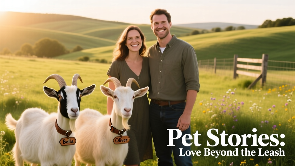 Megan and Kevin smiling beside their two friendly goats in a sunny pasture