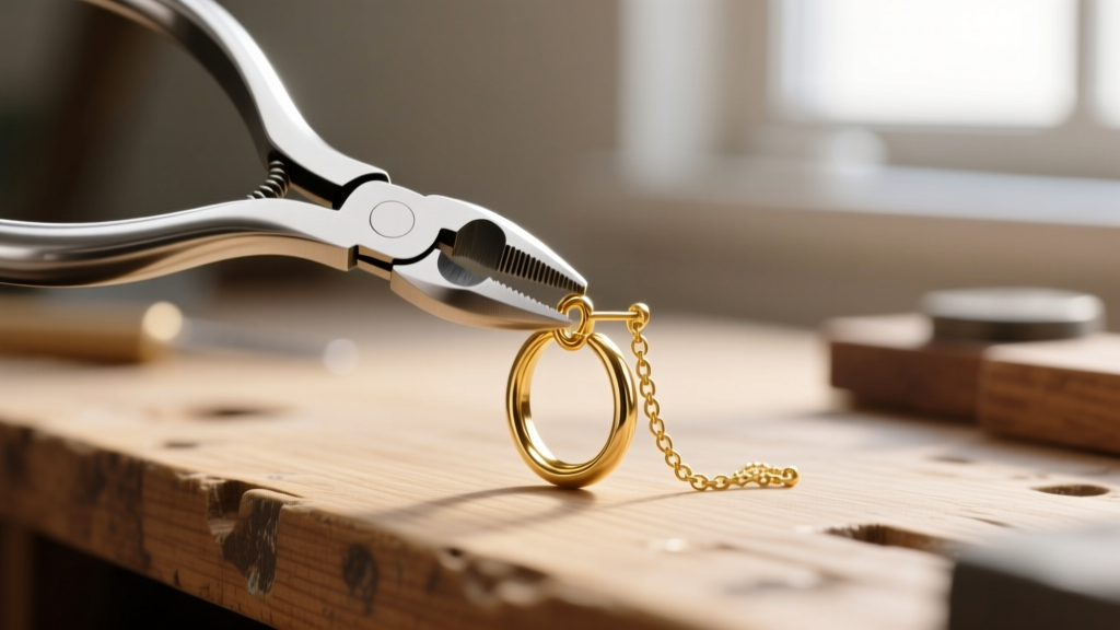Jewelry pliers twisting a 4mm 18k gold jump ring closed on a delicate chain dangle earring resting on a wooden work bench.