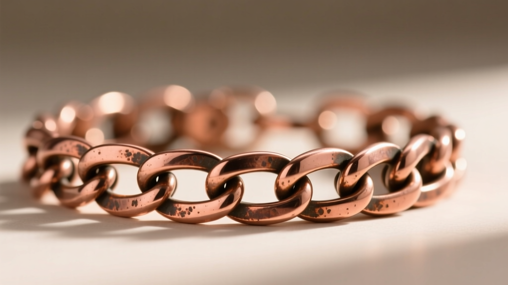 Macro shot of a 1940s retro era rose gold link bracelet showing slight copper oxidation in the crevices of the chunky chain links