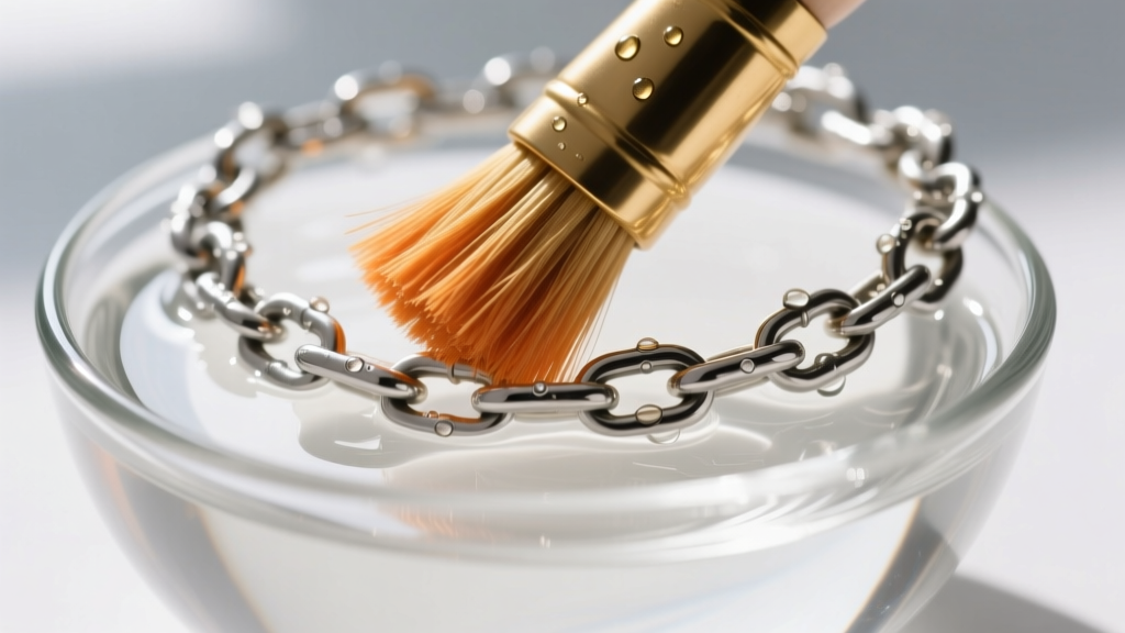 Soft brass bristle brush gently scrubbing a steel chain link bracelet submerged in a shallow glass bowl of clear white vinegar
