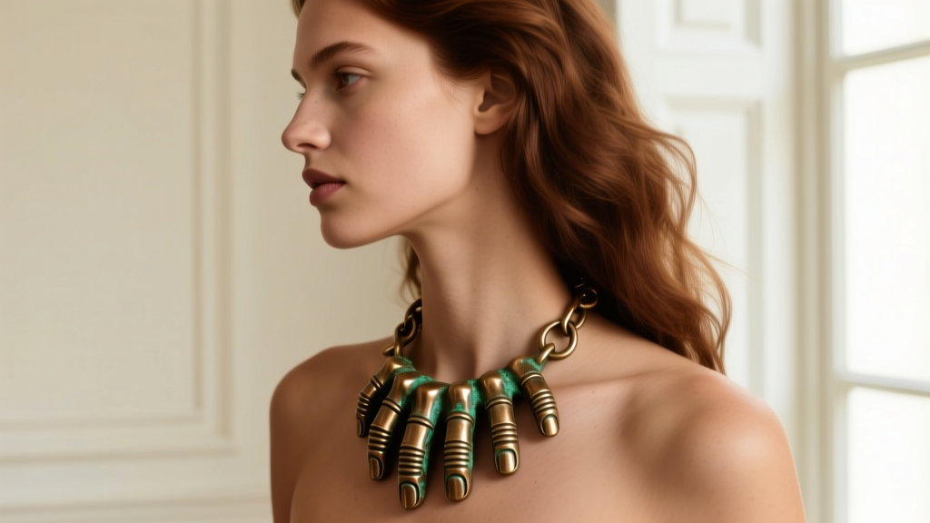 Side profile of a model wearing a heavy bronze 5 finger fist necklace, showing slight green patina developing near the collarbone.
