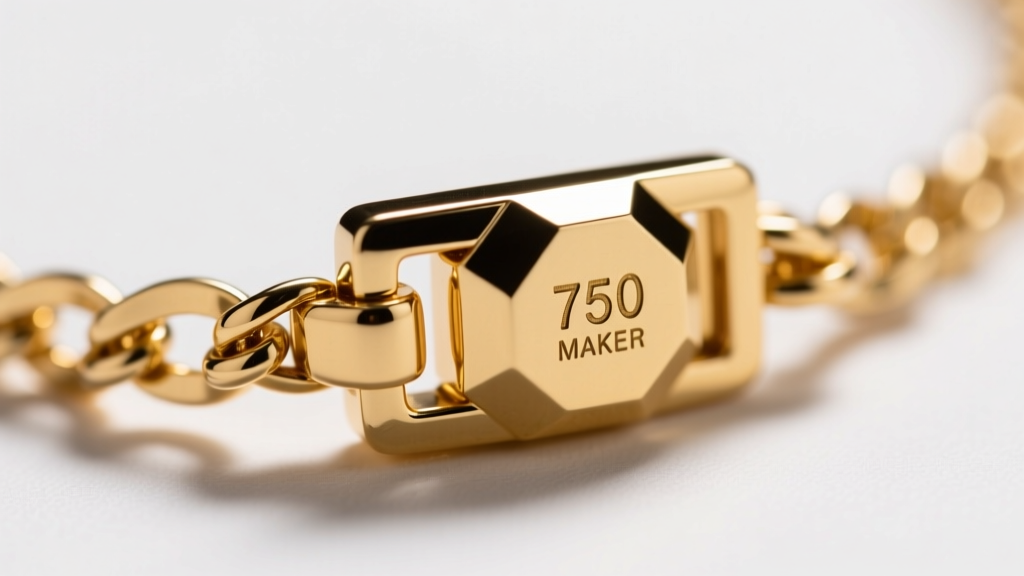Extreme close-up of an Italian gold necklace clasp showing the 750 purity stamp and the polygonal maker's mark with province code.