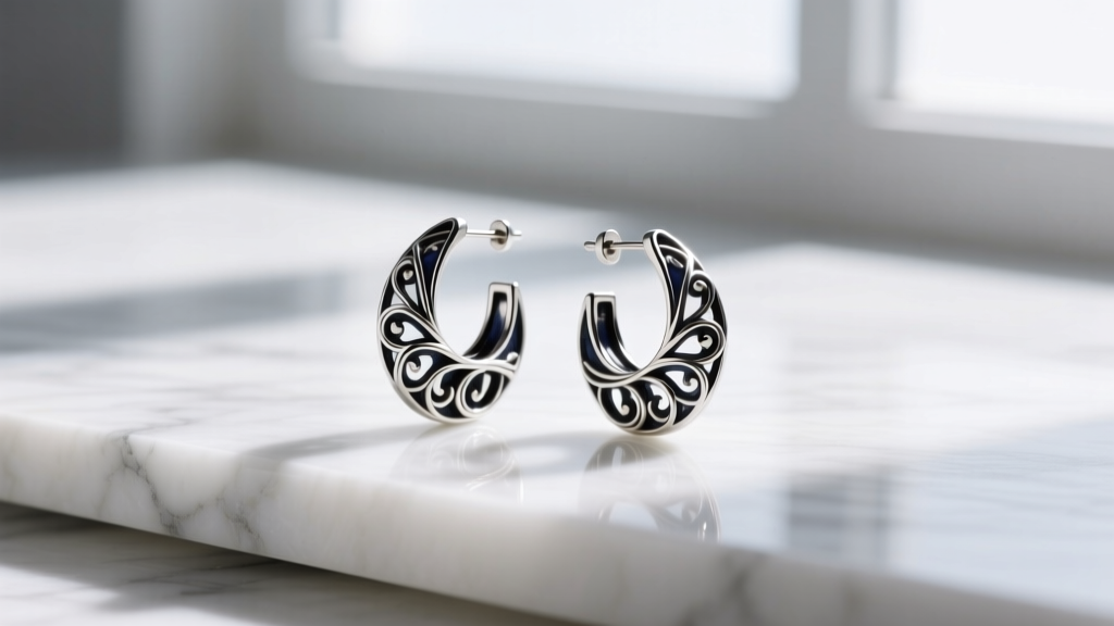 Sterling silver filigree earrings on marble, showing dark patina inside intricate wirework crevices under bright light.