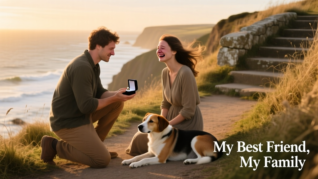 Sam kneeling on a cliffside path, ring box open, as Olivia smiles with tears; Luna rests calmly nearby with her sitter
