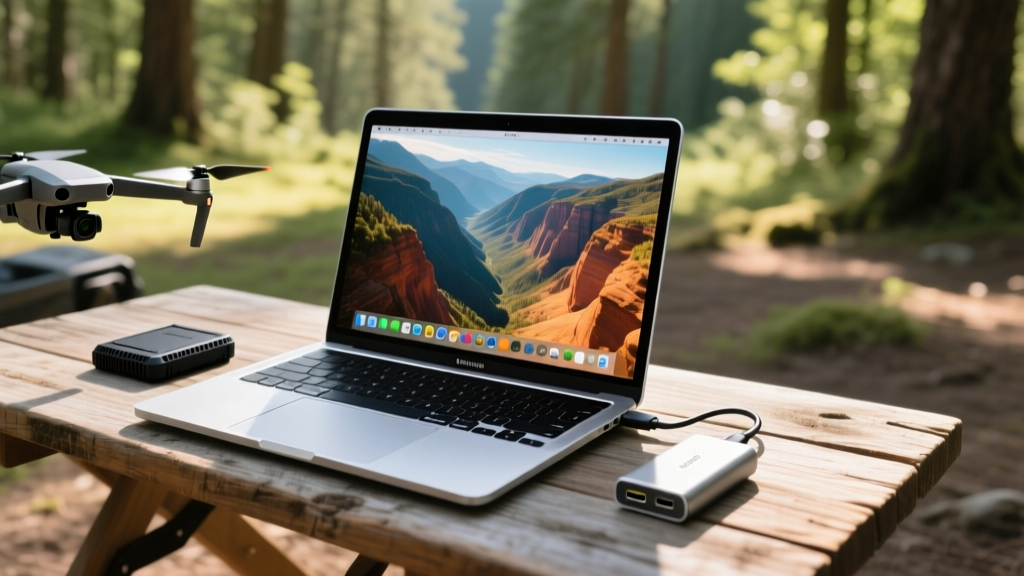 Drone pilot editing 4K footage on a silver MacBook Air M3 outdoors with a rugged SSD and USB-C hub connected on a wooden camping table