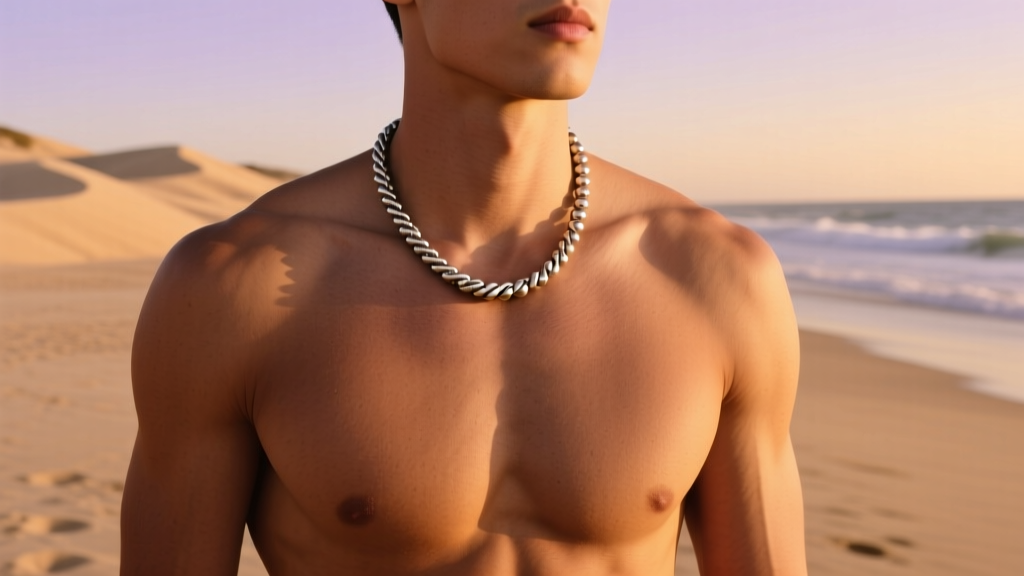 Tanned chest wearing a minimalist titanium bead and braided paracord necklace, photographed during golden hour at a sandy beach.