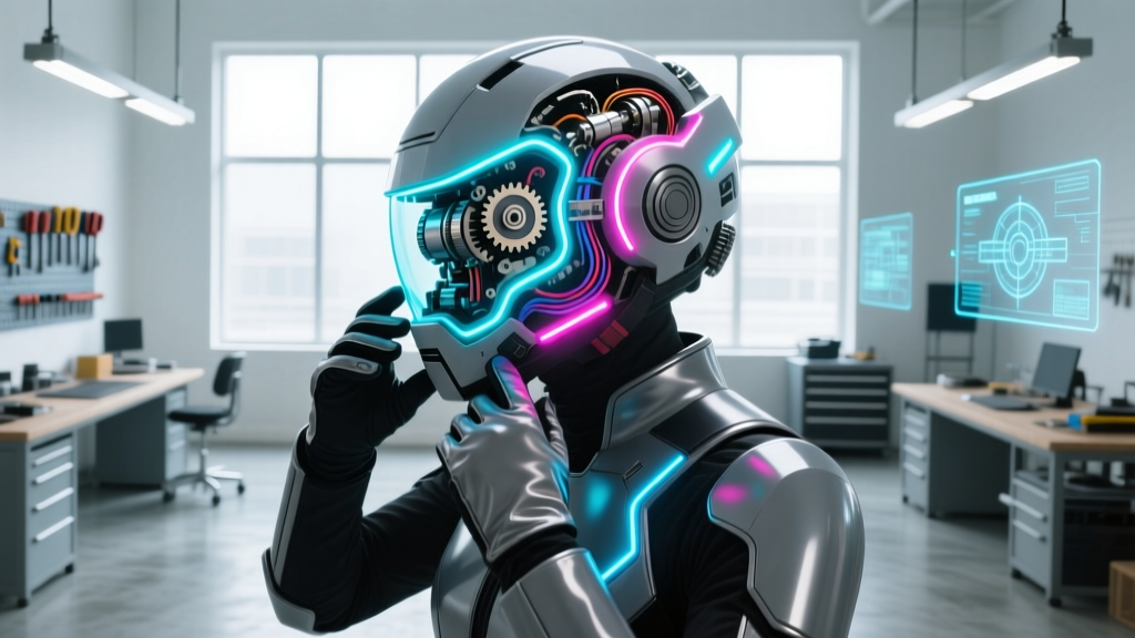 Cosplayer adjusting a motorized mecha helmet with exposed micro-servo wiring and addressable LED strips in a well-lit workshop