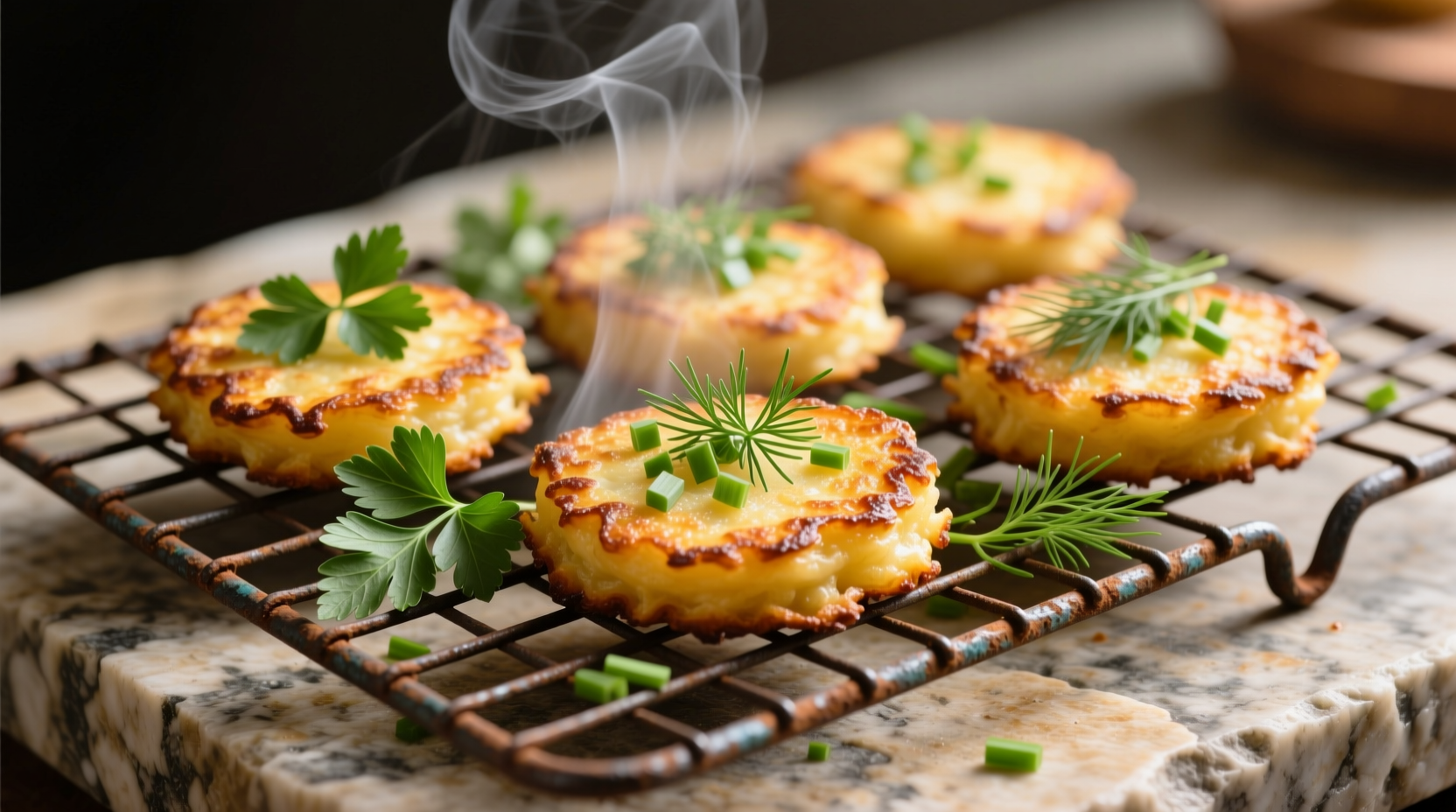 Golden potato cakes on wire rack with fresh herbs