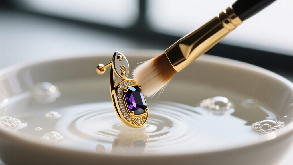 Soft brush cleaning the gemstone hilt of a gold-plated switchblade earring, with a bowl of soapy water in the blurred background.