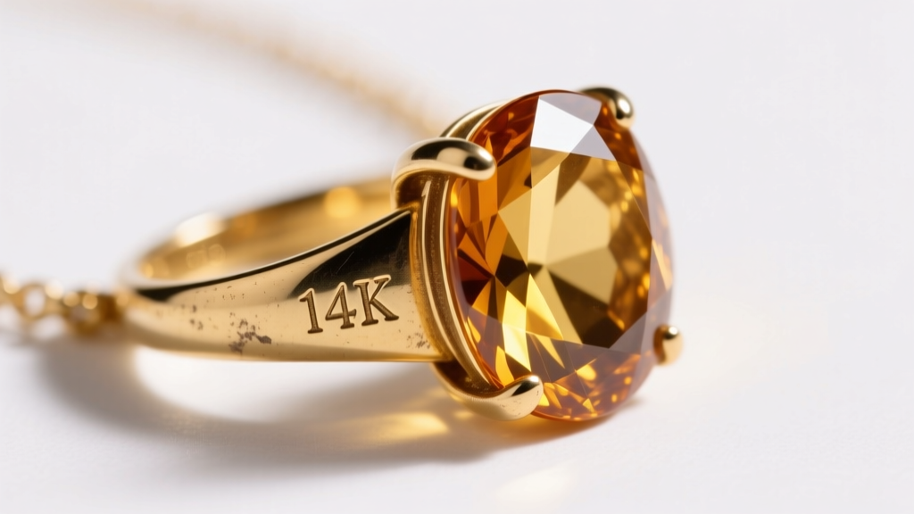 Close-up of a vintage 14k yellow gold spring ring clasp on a citrine necklace, showing slight patina and a stamped maker's mark.