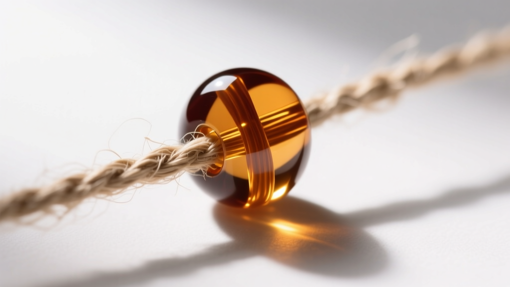 Macro photography of a 1mm 4-ply natural hemp cord threaded through a 6mm Czech fire-polished glass bead in deep amber tones