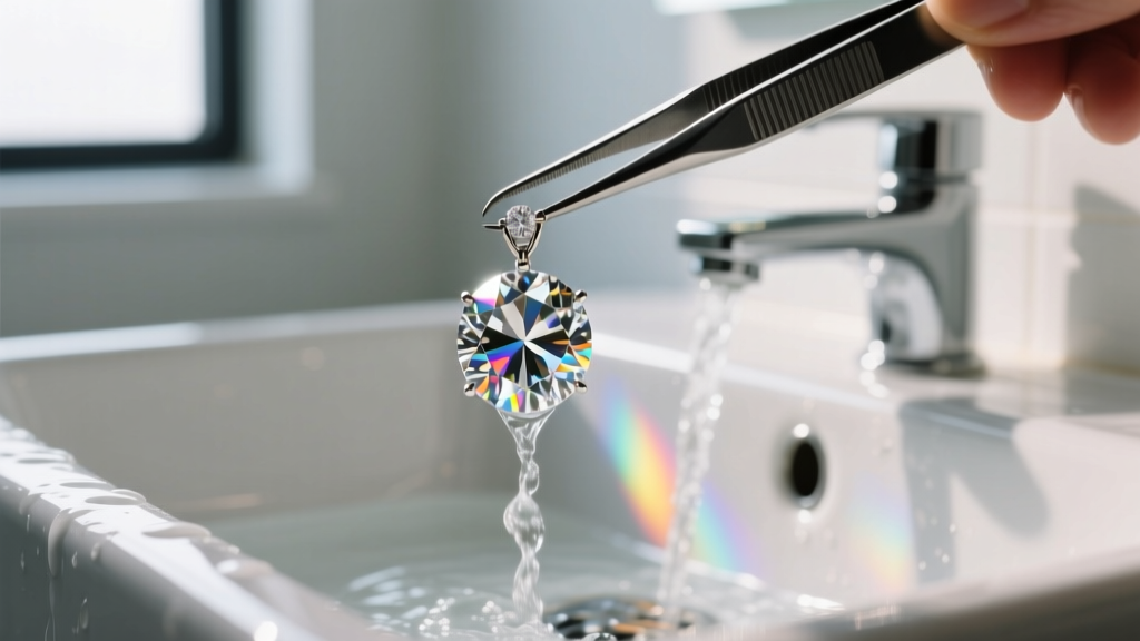 Tweezers holding a genuine brilliant-cut diamond pendant under a gentle stream of distilled water in a brightly lit bathroom sink.