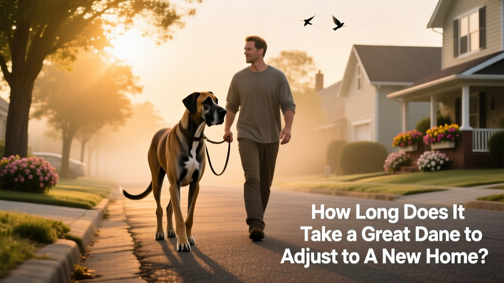A Great Dane walking calmly beside their owner on a quiet neighborhood street at sunrise