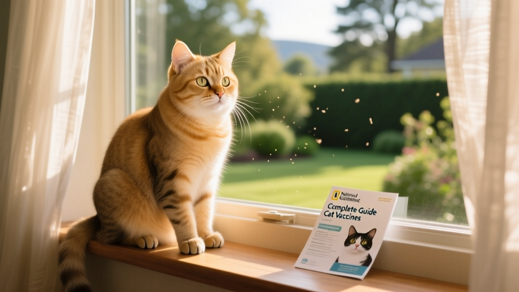 Happy, healthy adult cat gazing out a window, symbolizing both safety and the importance of preparedness