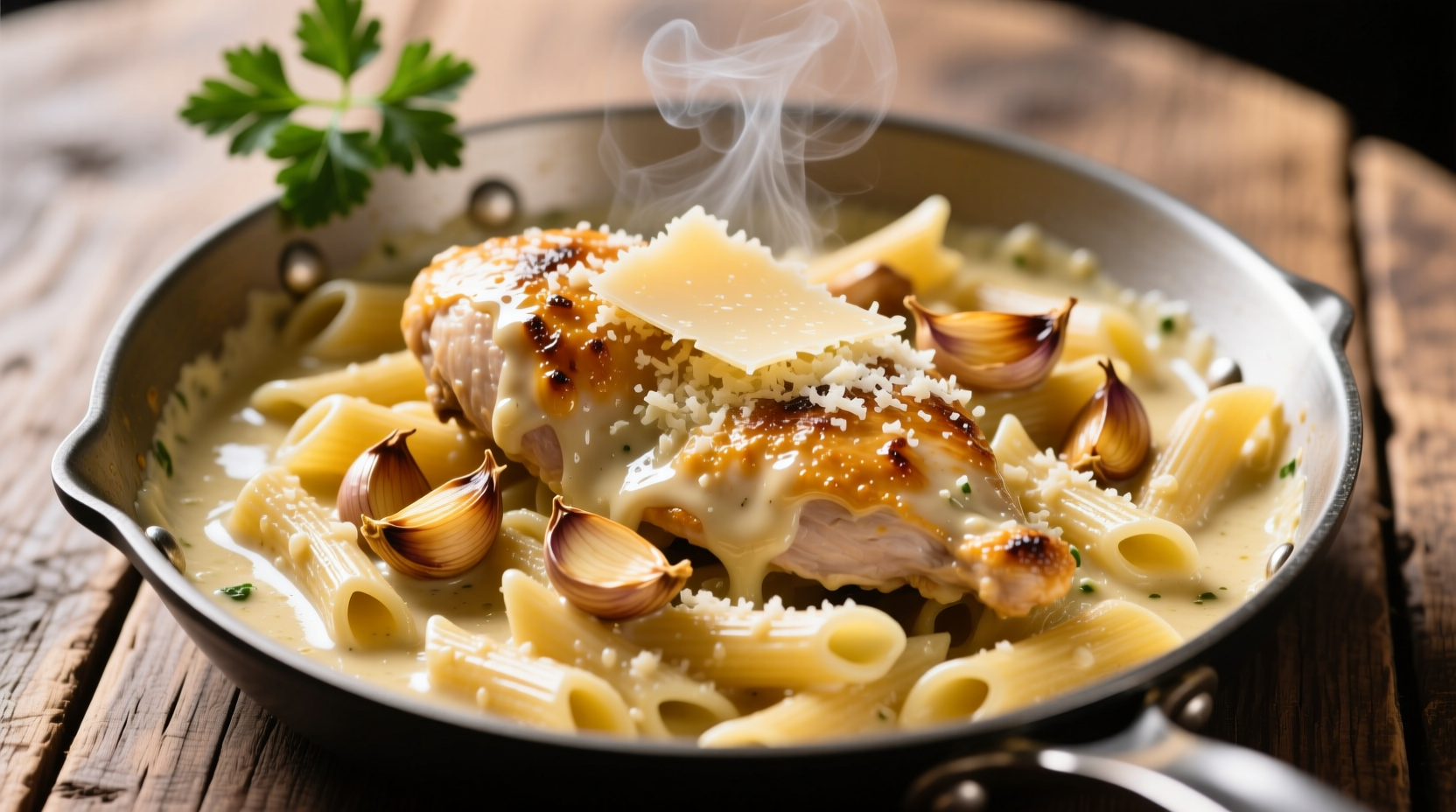 Creamy garlic butter chicken with rotini in parmesan sauce