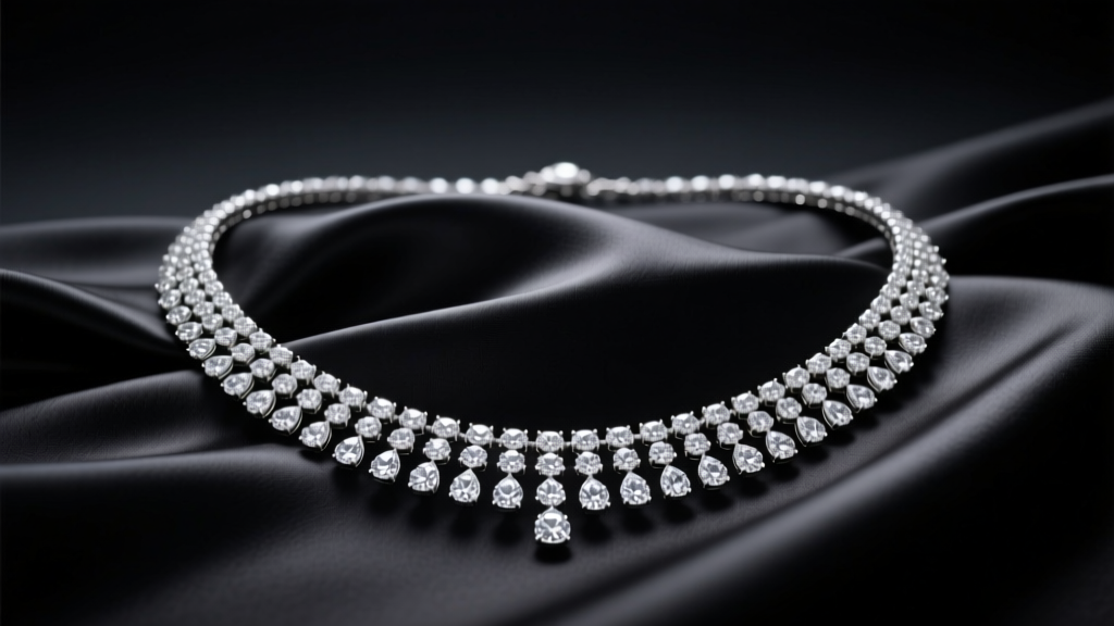 A 120cm diamond sautoir necklace draped over black silk, highlighting fluid bezel-set diamonds under soft studio light