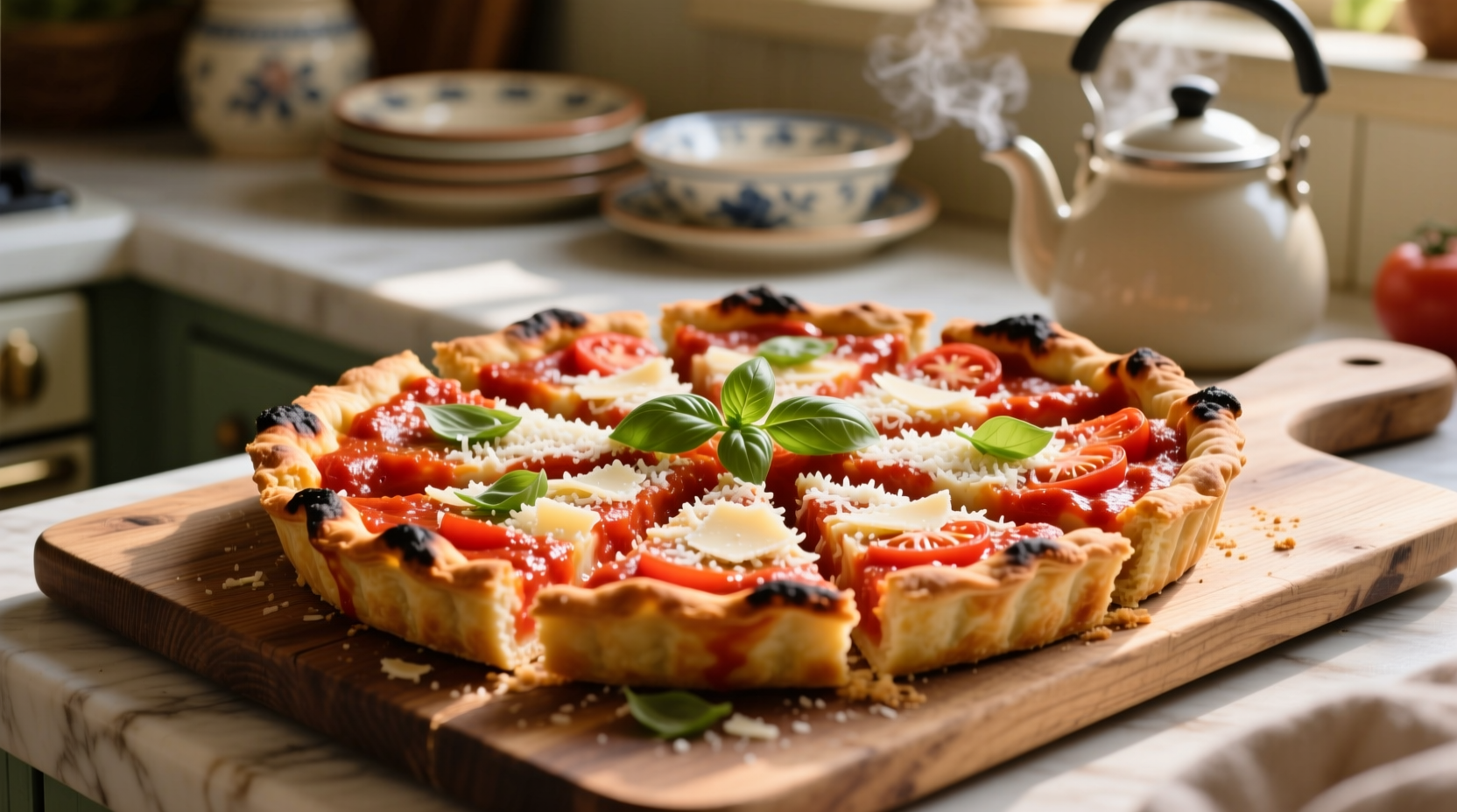Traditional square-cut tomato pie with vibrant red sauce