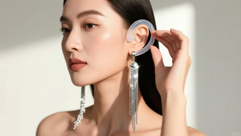 Woman wearing long silver tassel drops, using clear silicone lifters to prevent earlobe drooping and discomfort in bright light.