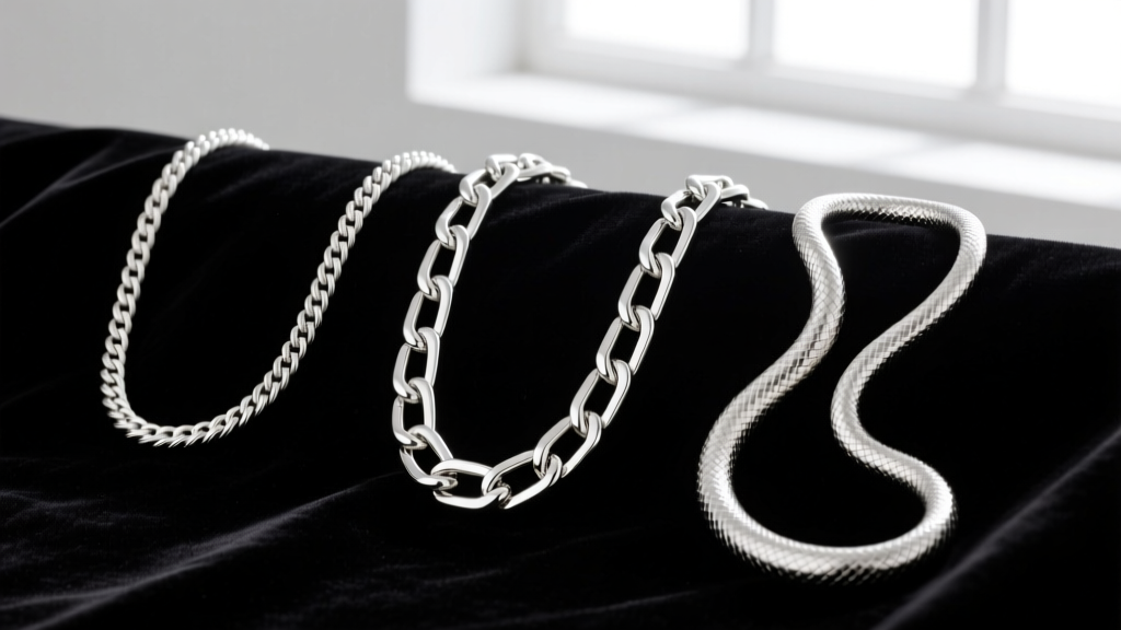 Sterling silver chains side by side: a delicate cable chain, a sturdy box chain, and a sleek snake chain on dark velvet fabric.