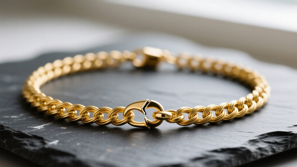 Close-up of a delicate 14k yellow gold cable chain necklace with a visible break near the lobster clasp on a dark slate surface.