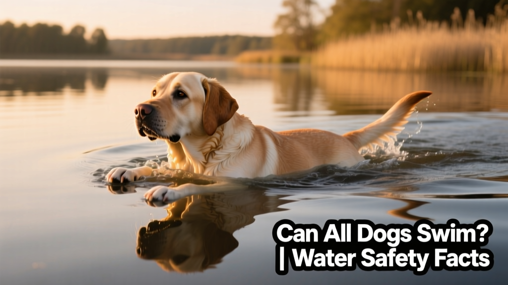A confident Labrador Retriever swimming confidently in calm lake water, head above surface, tail wagging