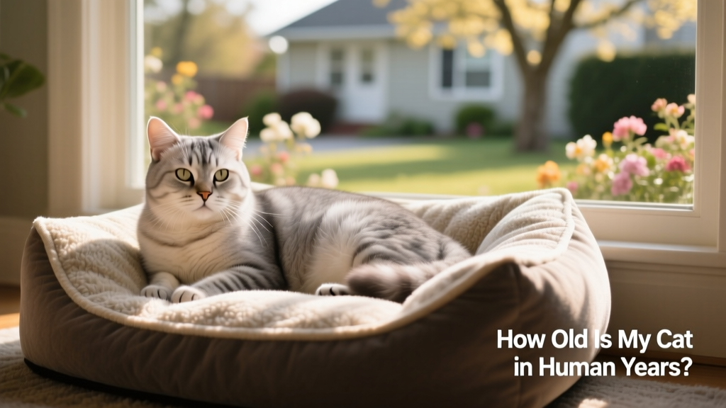 A relaxed, well-groomed senior cat resting on a cozy pet bed beside a window