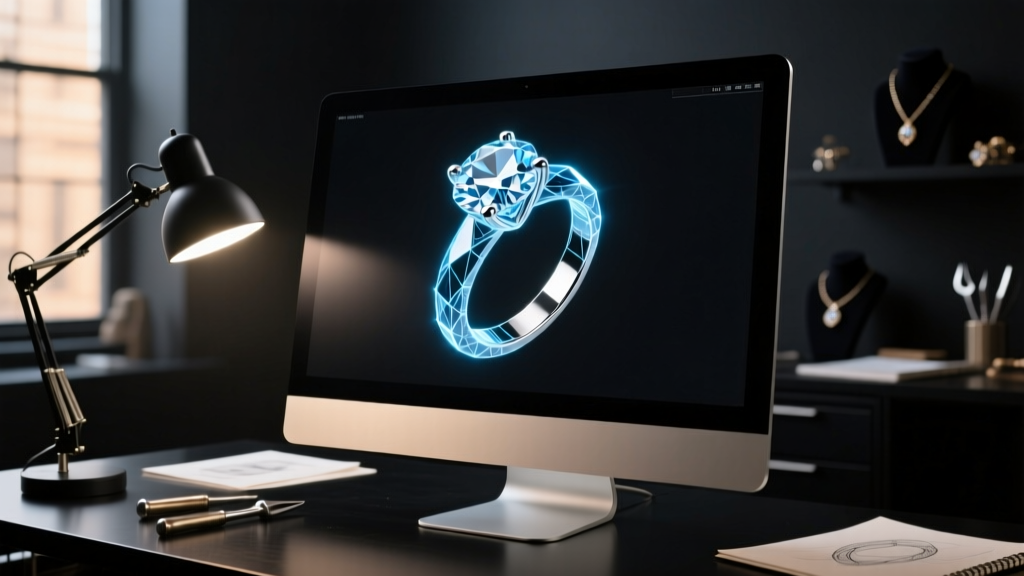 Computer monitor showing a 3D CAD wireframe of a diamond ring, illuminated by a sleek desk lamp in a dark jewelry design studio.