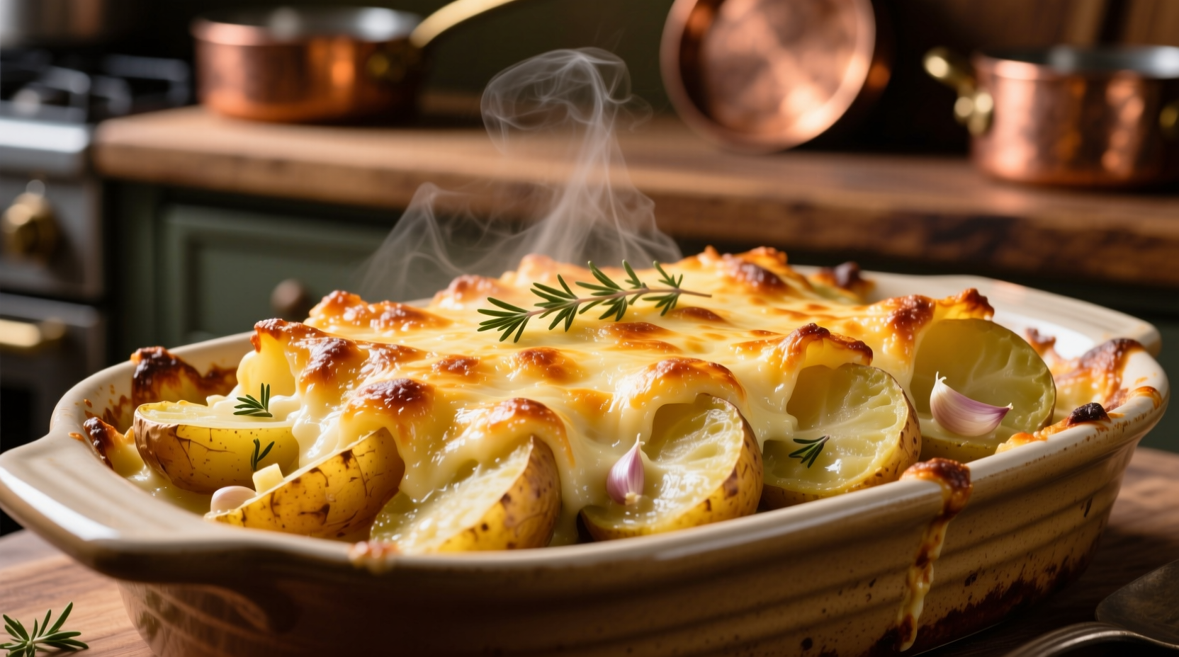 Golden baked au gratin potatoes with crispy cheese topping