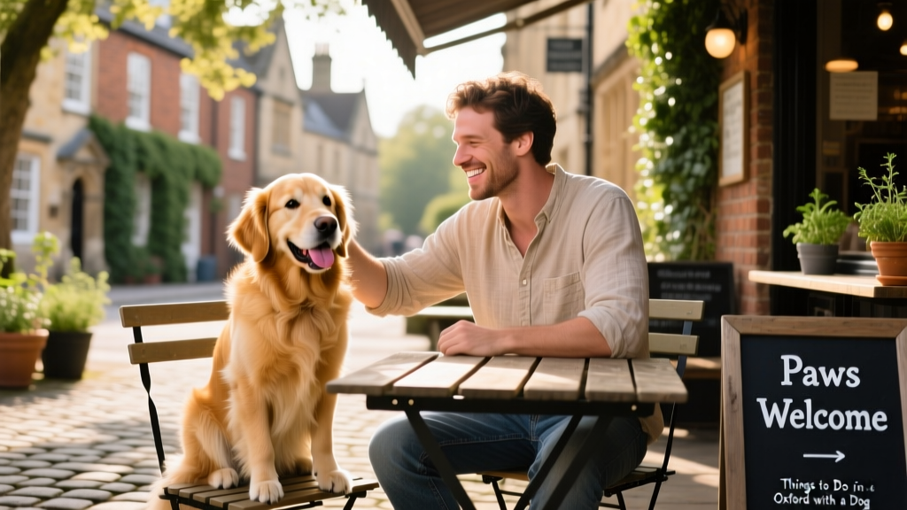 A happy dog sitting beside their owner at an outdoor table at a dog-friendly restaurant in Oxford.
