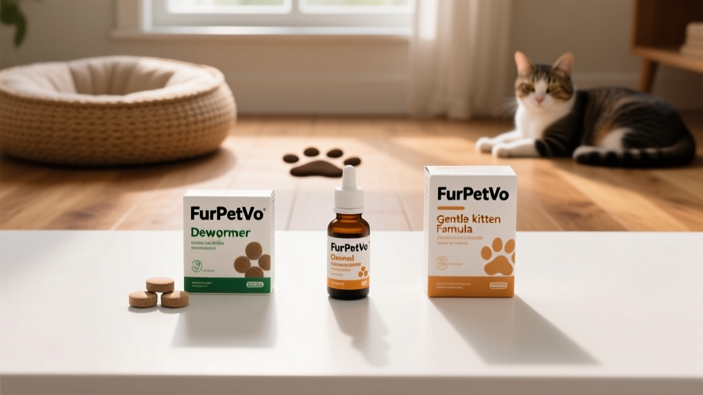 Side-by-side comparison of FurPetVo dewormer packaging: chewable tablets, oral suspension, and gentle kitten formula—all clearly labeled and arranged neatly on a white surface