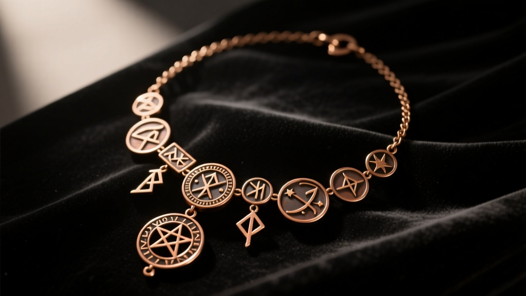 Overhead flatlay of a bronze Mythologie tarot necklace resting on dark velvet, illuminated by soft, moody directional lighting