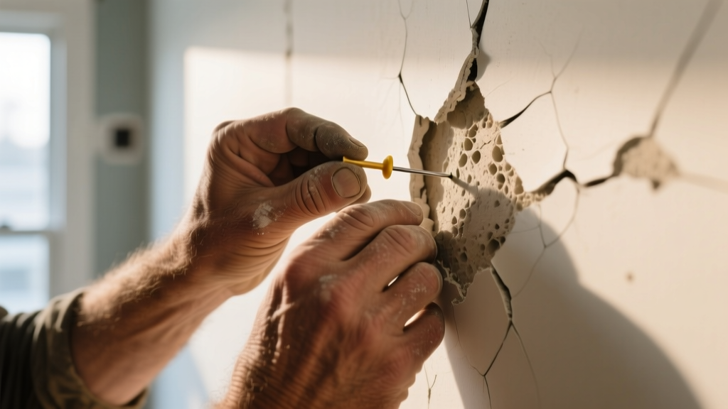 Contractor hands using a pushpin to test wall density, revealing cracked lime plaster next to a smooth drywall seam in a renovated home
