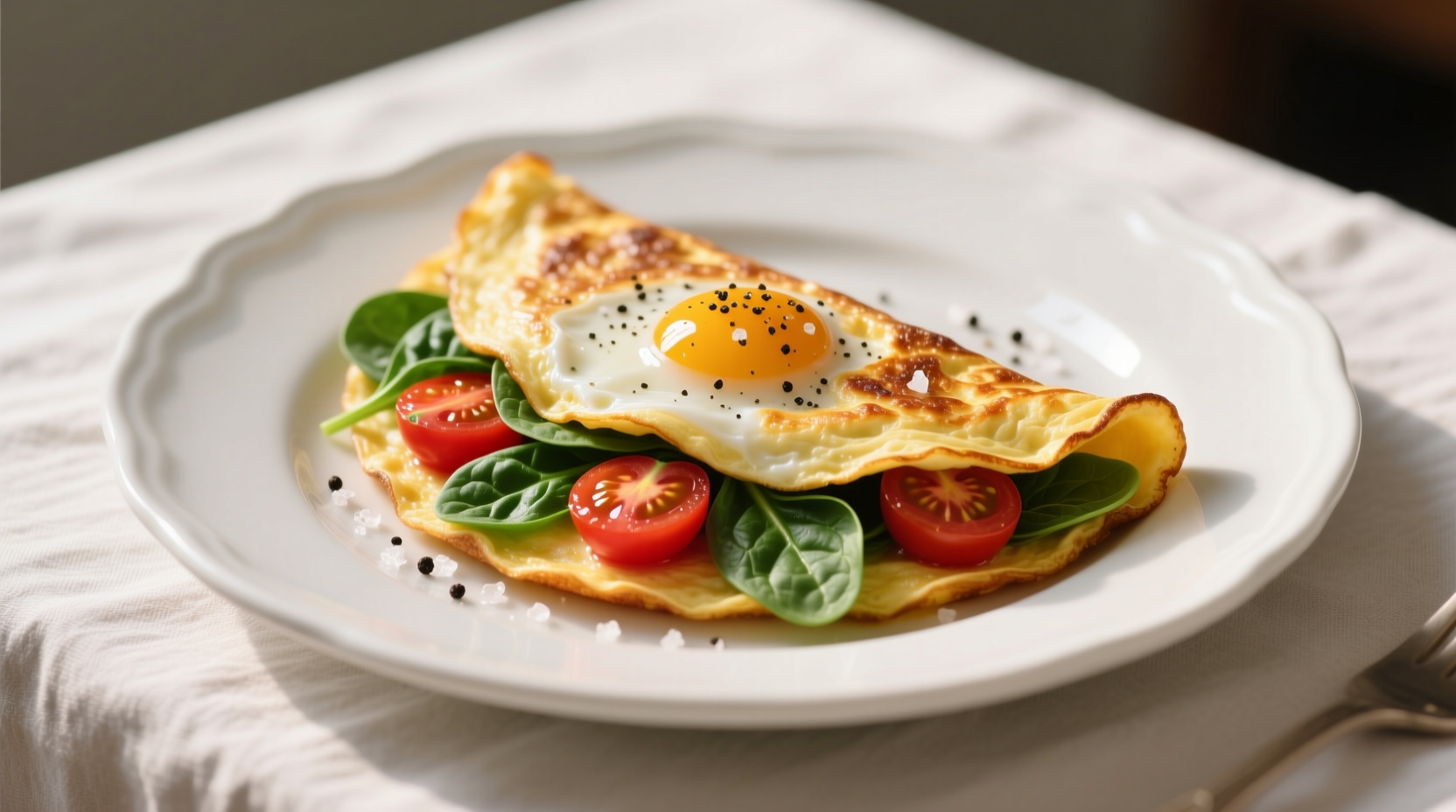 Perfect golden spinach tomato omelette on white plate