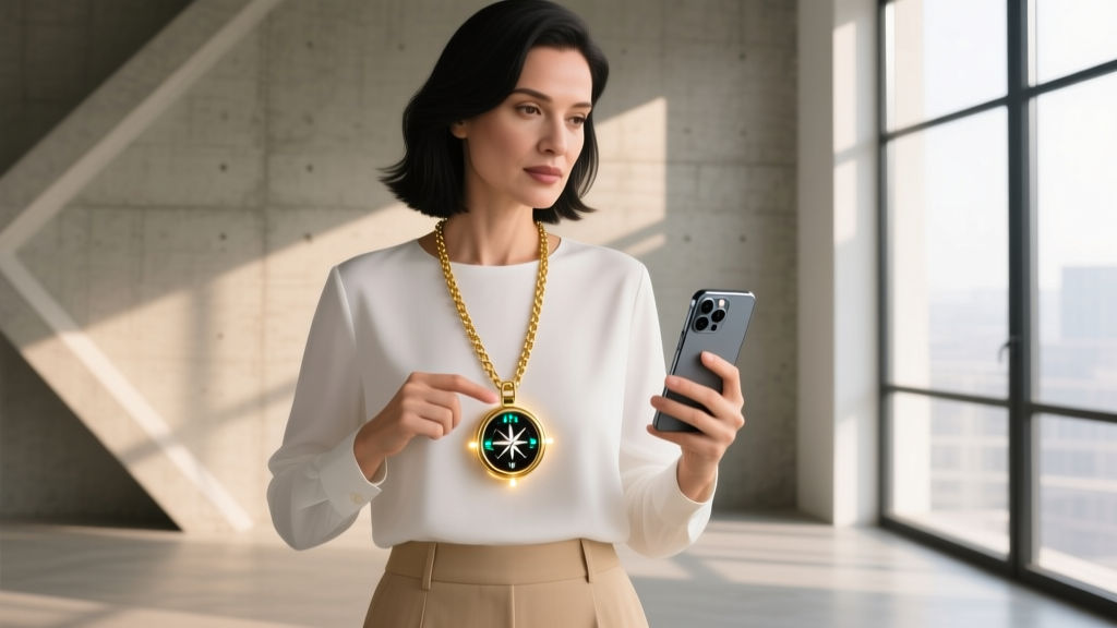 Woman wearing an 18-inch gold chain with a smart compass AI pendant, tapping it against a smartphone to share digital details