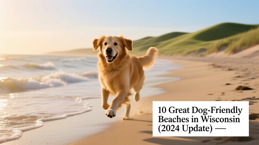 A golden retriever running along a sandy shoreline with gentle waves and green dunes in the background