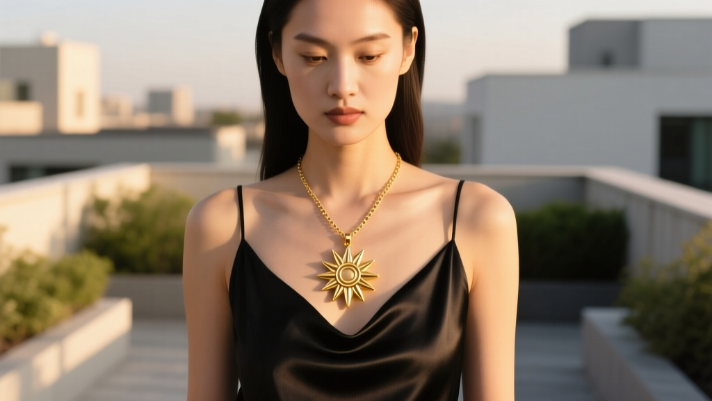 Model in a black silk top wearing a 14k gold Icarus sunburst pendant on a 1.2mm box chain under natural golden hour lighting