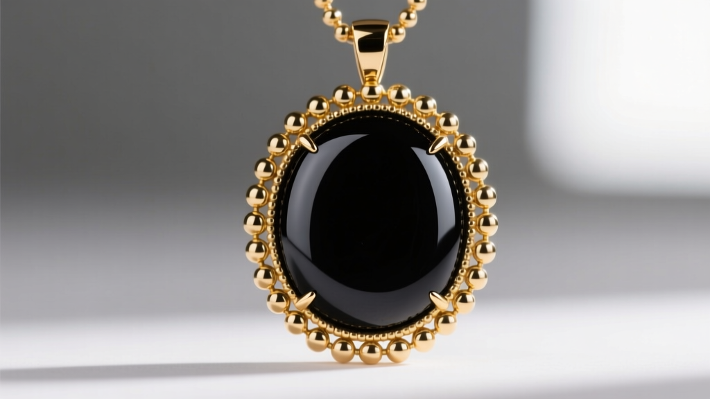 Macro shot of a black onyx Van Cleef pendant showing the 18k gold beaded border and the glass-like luster of the polished stone