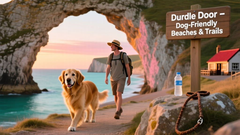 A golden retriever walking beside its owner along the dramatic limestone arch of Durdle Door at sunset