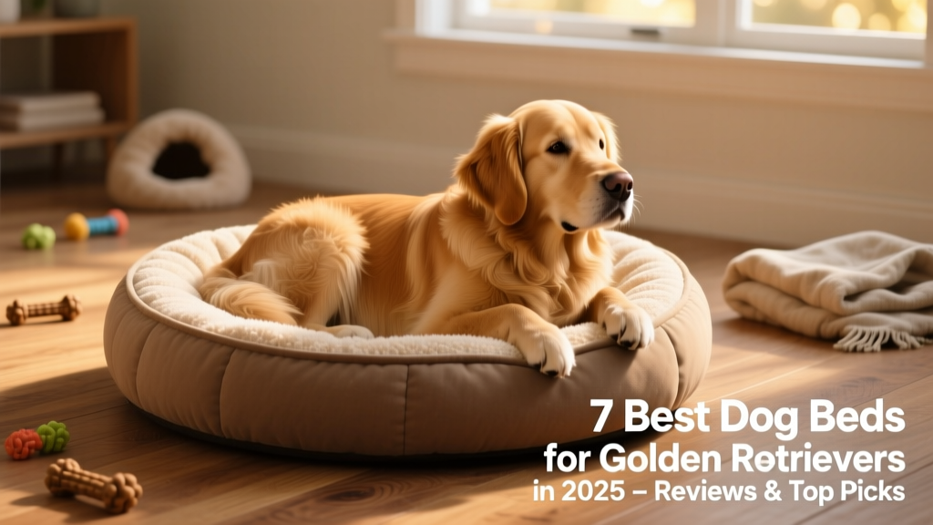Side view of a Golden Retriever nestled in a round, bolstered dog bed with soft sherpa lining