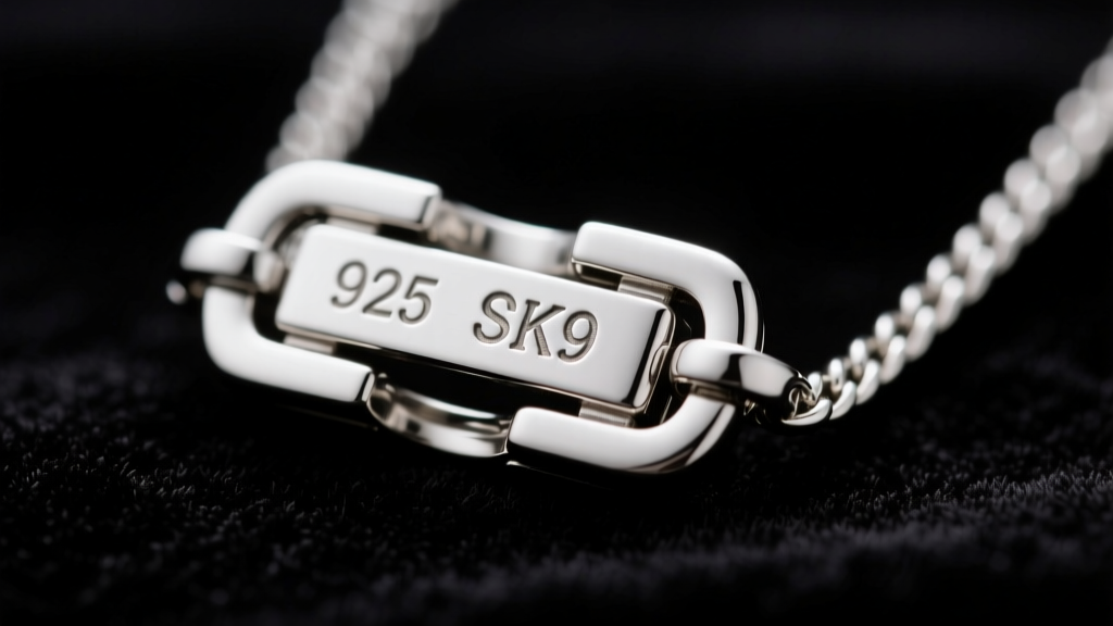 Macro shot of a silver necklace clasp showing stamped 925 and SK9 hallmarks clearly against dark velvet background, studio lit.