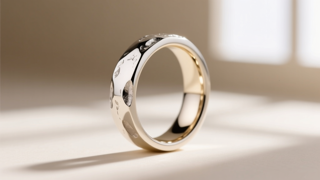 Macro photography of a white gold ring with dull rhodium plating being inspected with a jeweler