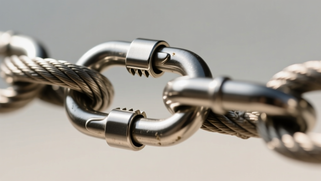 Extreme close-up of a heavy stainless steel lobster clasp being attached to a thick cable chain holding a large racing pendant